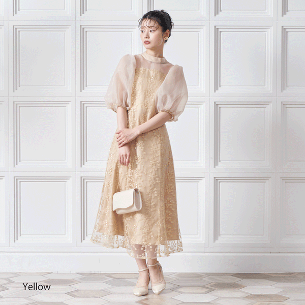 新品未使用】metoi オーガンジースリーブ パフスリーブドレス 新品未使用】metoi オーガンジースリーブ パフスリーブドレス